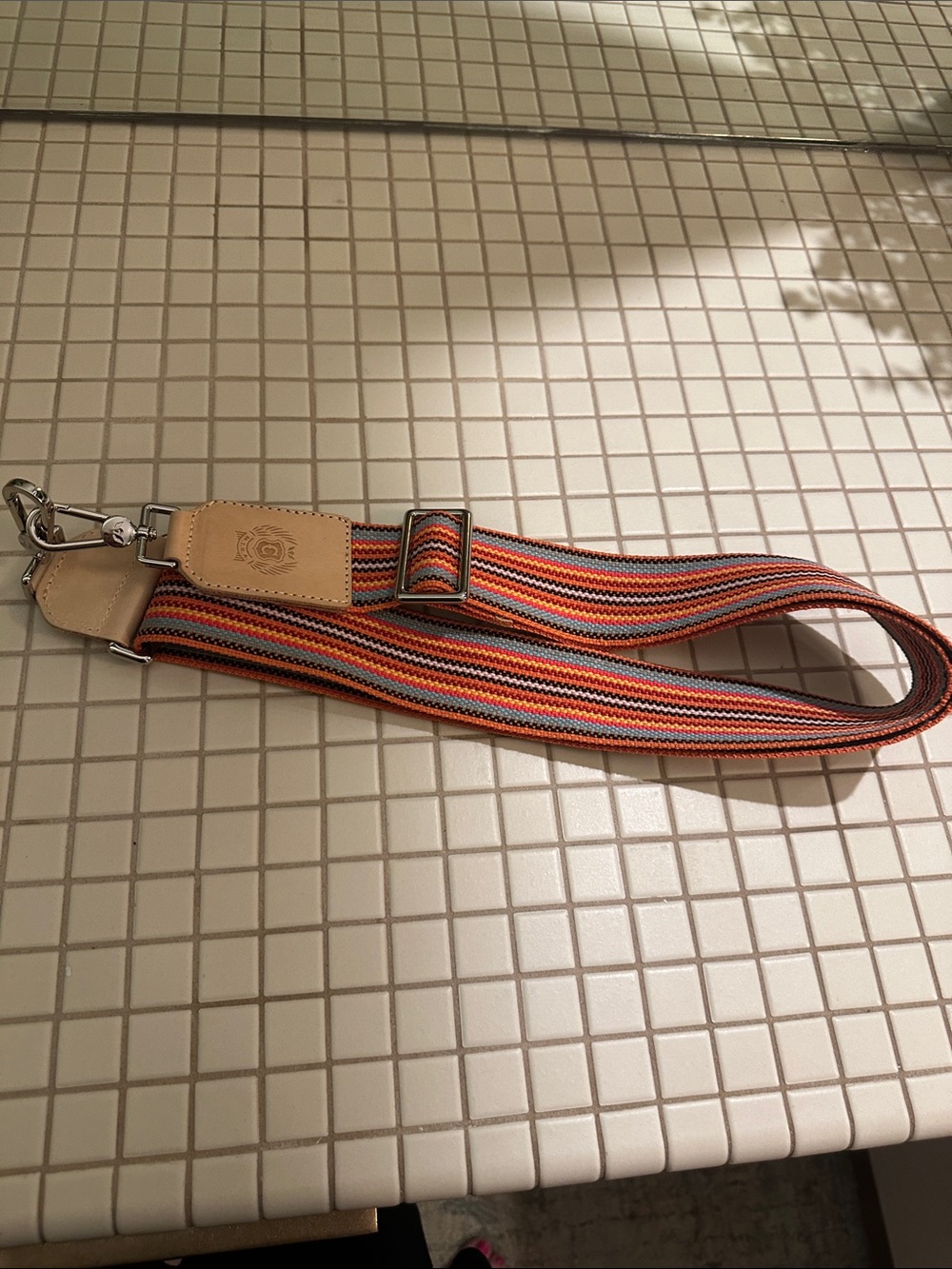 Adjustable Orange Striped Webbing Bag Strap with Leather Accents guitar strap
